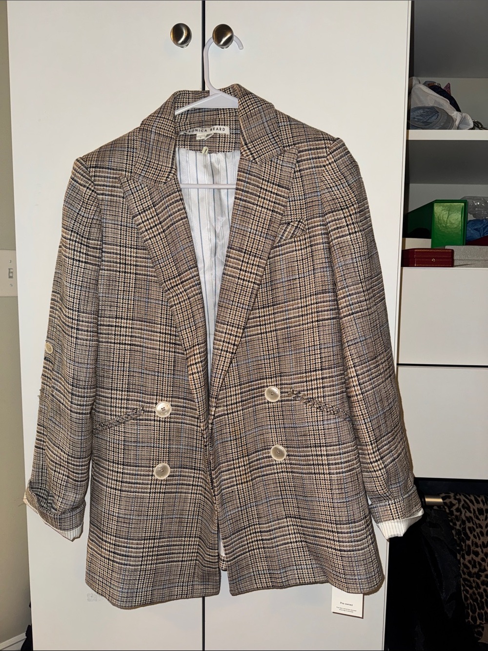 Veronica Beard Tan and Brown Glen Plaid Double-Breasted Blazer